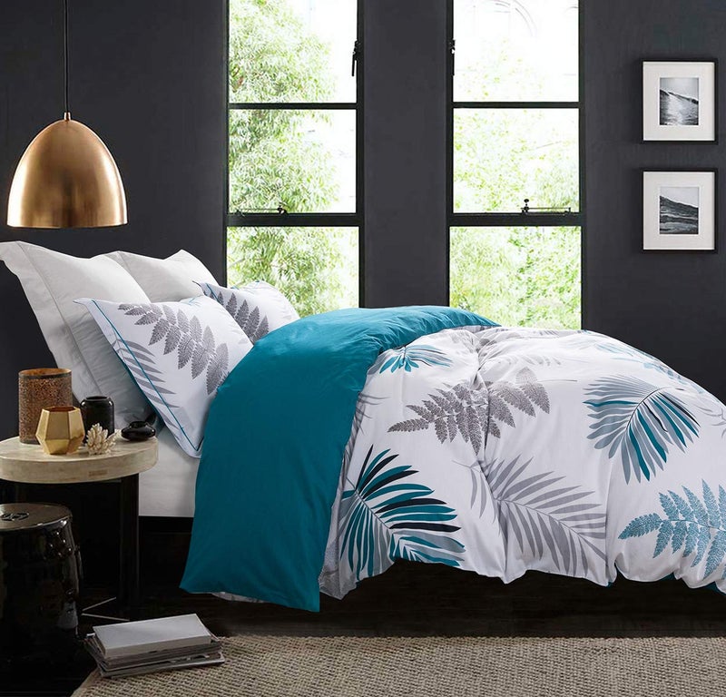 SLEEPBELLA Comforter King Size, 600 Thread Count Cotton Blue Floral with Khaki & Grey Leaves Pattern White Reversible Comforter Set,Down Alternative Bedding Set 3Pcs(King, Blue Botanical) - Image 2